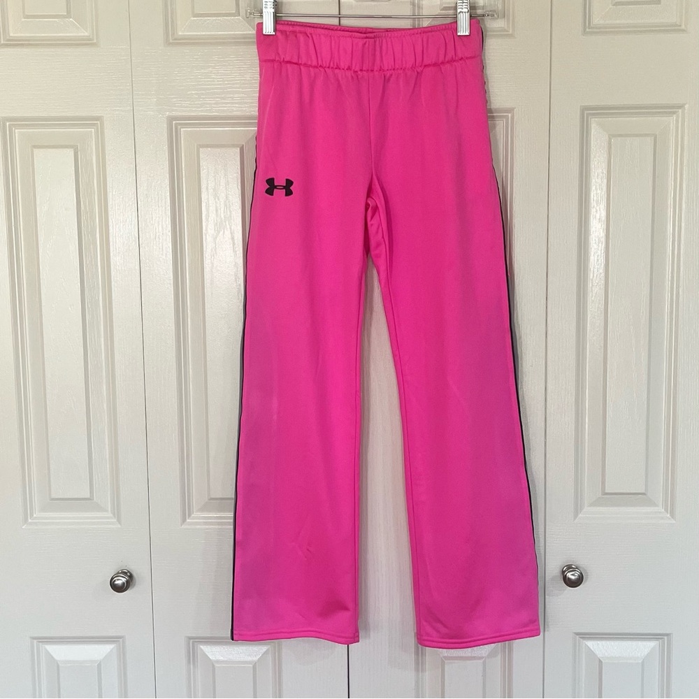 Under Armour Girls Bright Pink Gray Athletic Track Pants Size Youth Medium